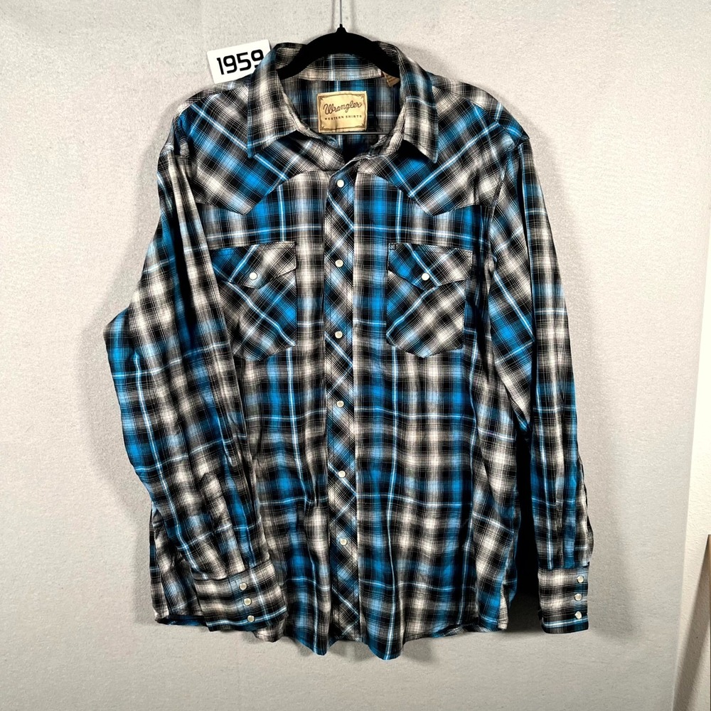 Wrangler Western Shirt Men Large White Blue Plaid Cotton Cowboy Casual Button Up